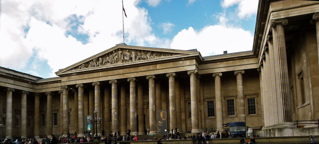 The British Museum's neo-classical entrance in Great Russell Street, London British Museum, neo-classical, entrance in Great Russell Street, London