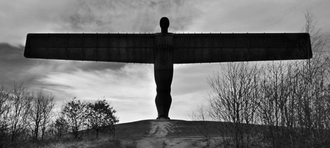 Angel of the North, steel statue and daffodil