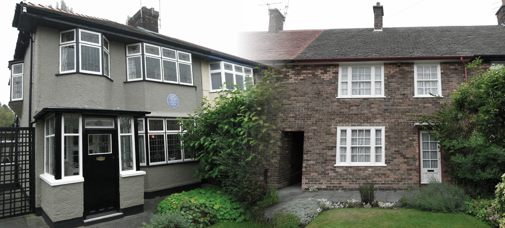 John Lennon and Paul McCartney's childhood homes in Liverpool, Mendips in Menlove Avenue and 20 Forthlin Road respectively. Lennon, McCartney, childhood homes, Liverpool, Mendips, Menlove Avenue, 20 Forthlin Road