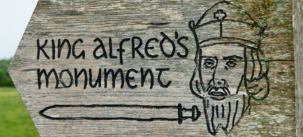 Sign to Alfred's monument at Athelney, Somerset