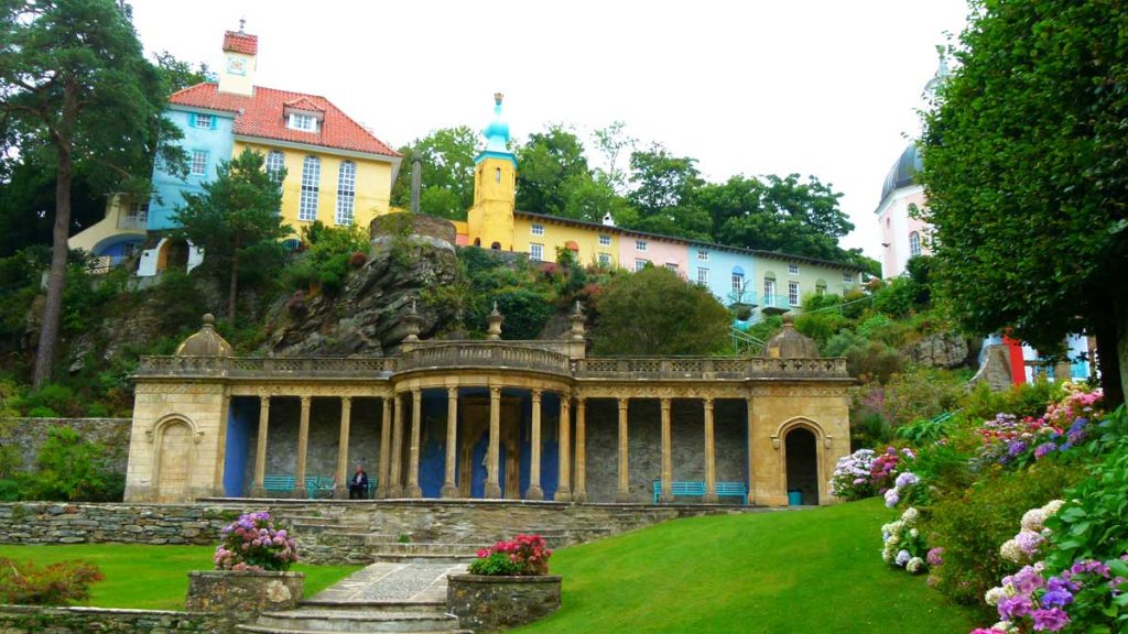 Vibrant hydrangeas and coloured houses at Portmeirion