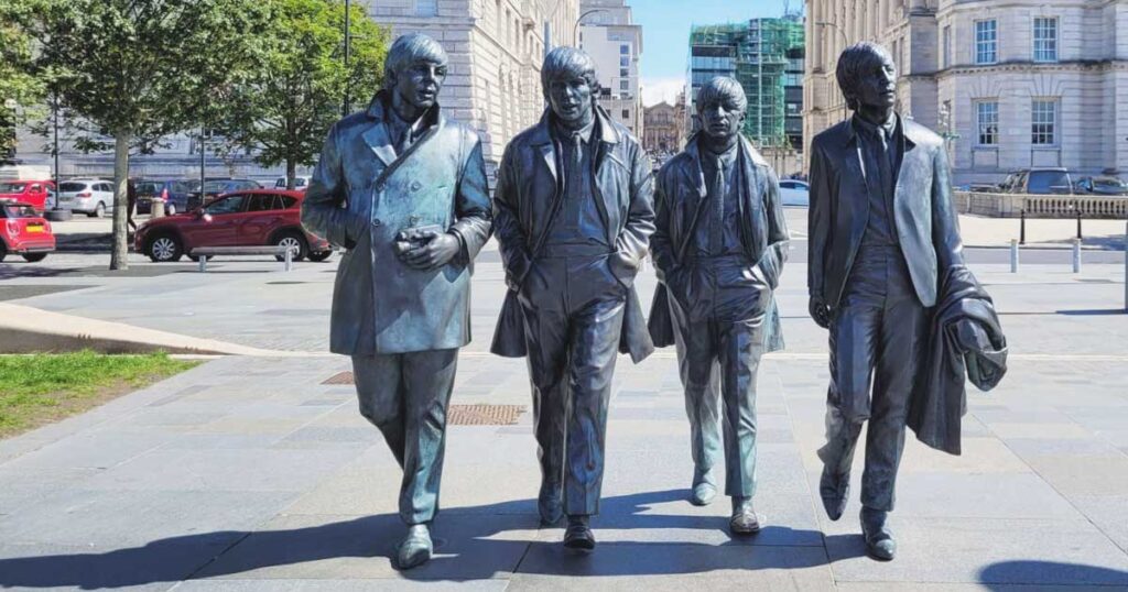 Statue of the Beatles near Pier Head, Liverpool, 2023.